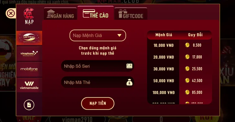 Hệ Thống Nạp Tiền ManClub Chấp Nhận Nhiều Loại Thẻ Cào Khác Nhau