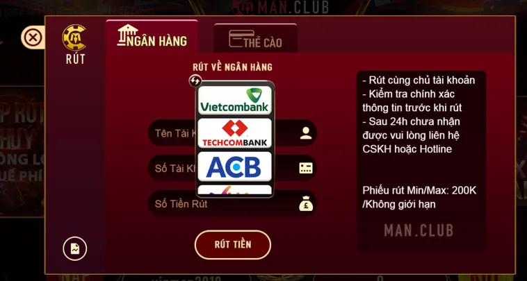 Hướng Dẫn Quy Trình Rút Tiền ManClub Về Tài Khoản Ngân Hàng